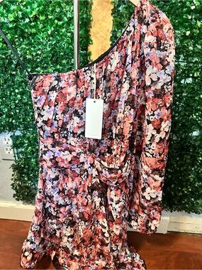 Vici One-Shoulder Floral Twist Dress in Coral, Lavender & Black